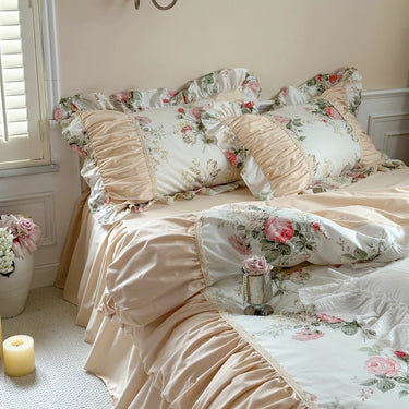 Vintage Rose Korean Princess Chic Pleat Ruffles 100% Cotton Bedding Set
